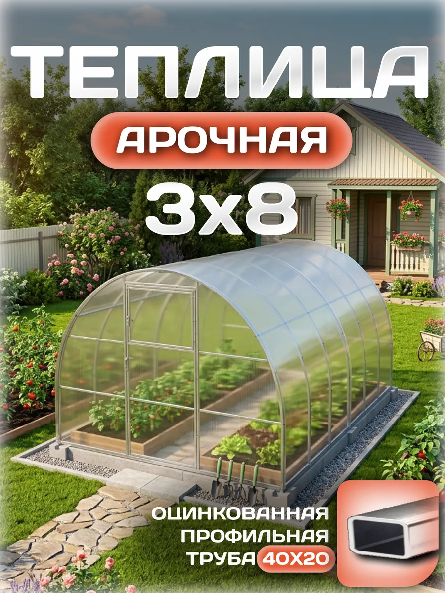 Теплица арочная 3х8 м, каркас 40х20, шаг дуг 0.65 м усиленная с поликарбонатом 4 мм 0,60 кг/м²